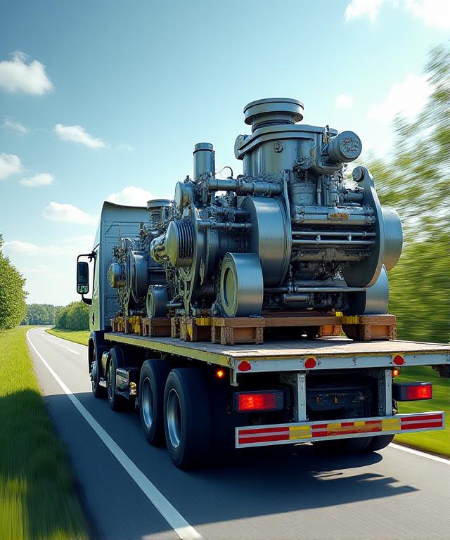 Heavy duty flatbed truck transporting industrial equipment on an open highway
